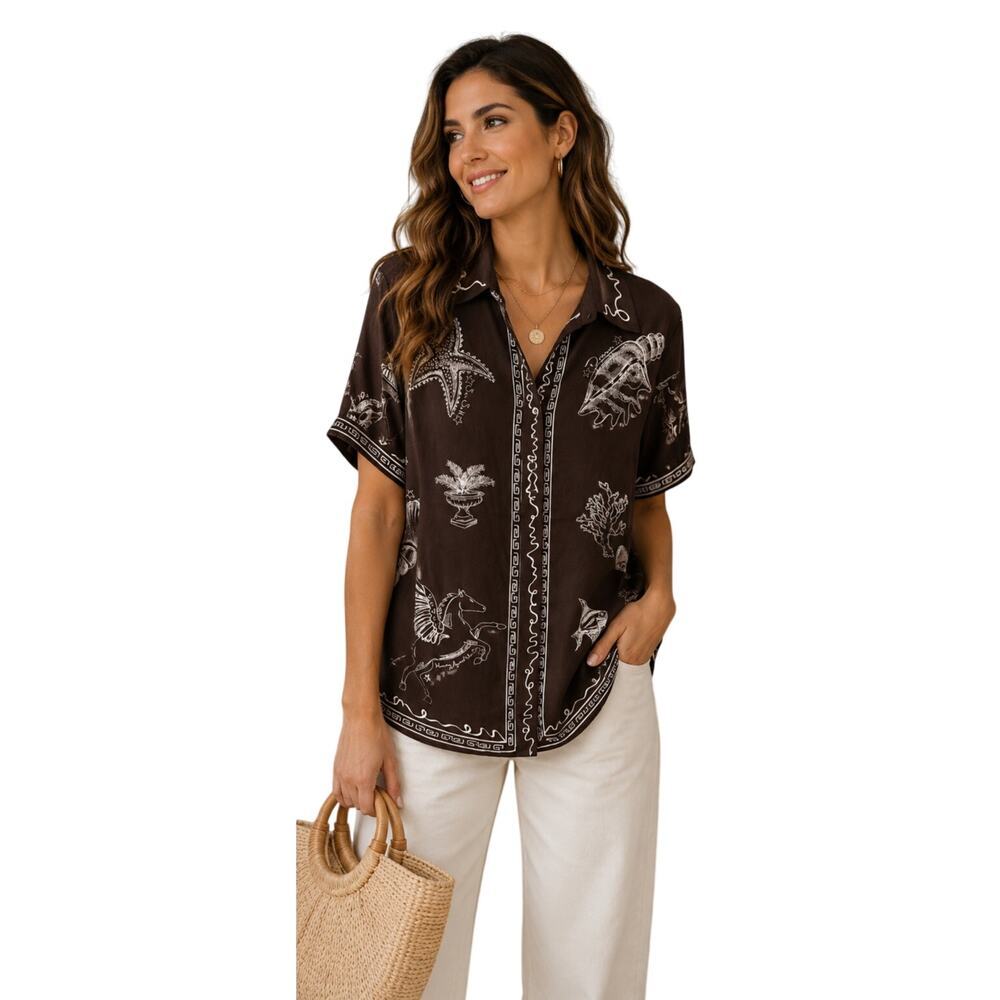 Rachel Zoe Brown Coastal Print Blouse NWT Mermaids & Mustangs Medium